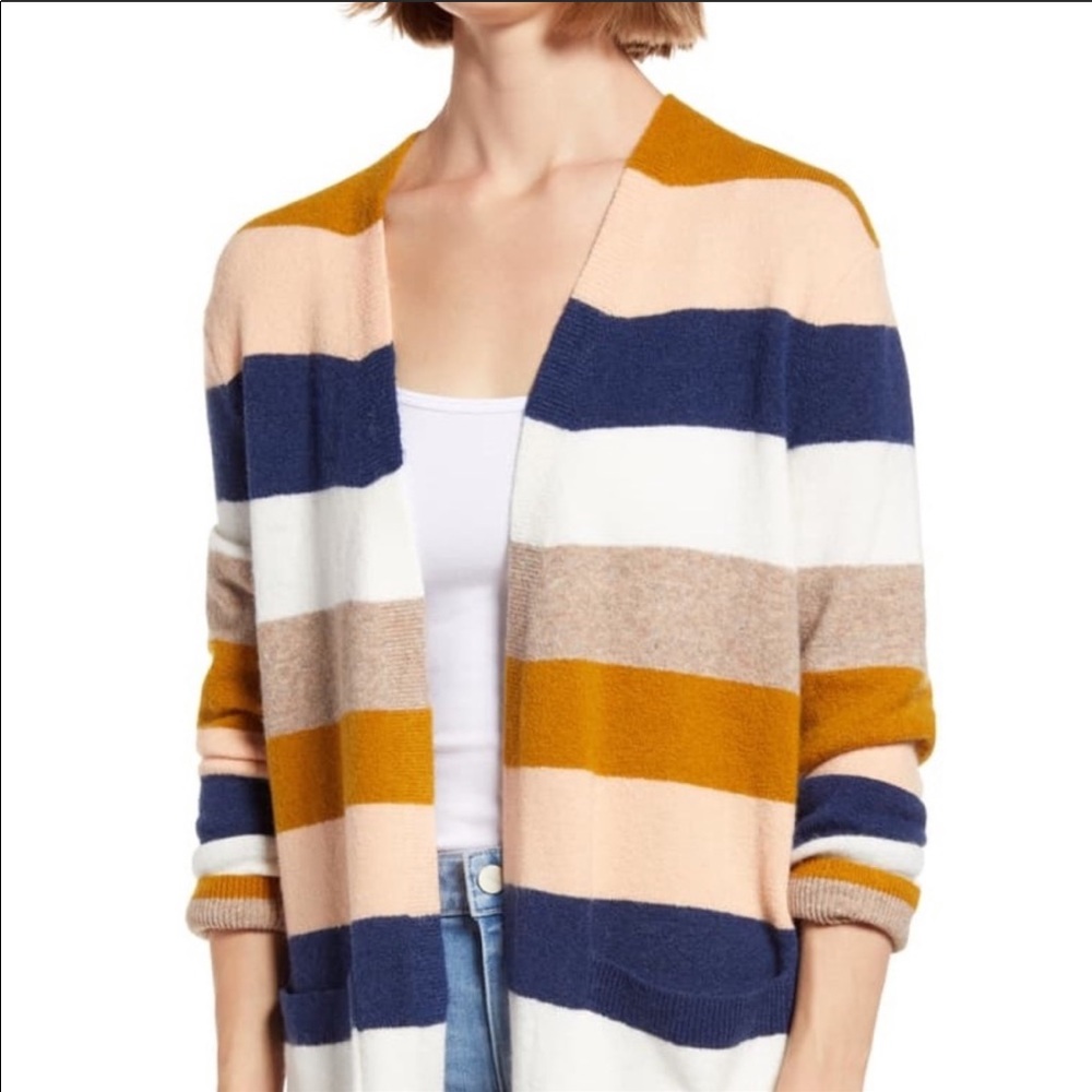 Madewell Striped Cardigan in Blue, White, Tan, and Gold